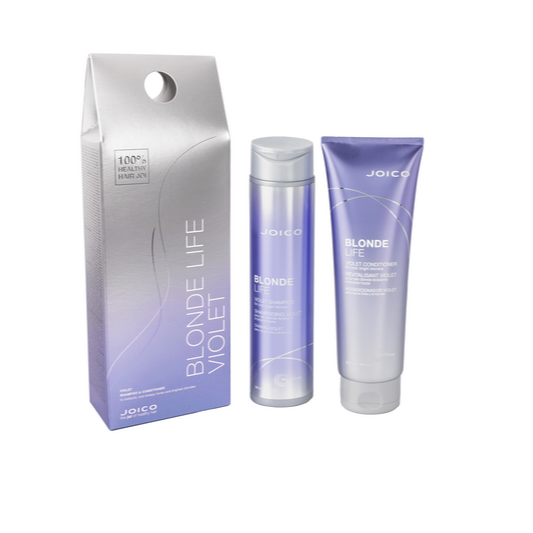 Joico Blonde Life Violet poklon set se sastoji od šampona za kosu 300 ml i regeneratora 250 ml